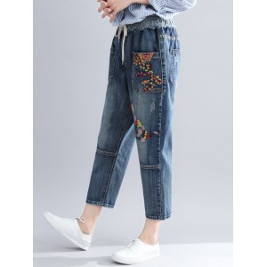 Ripped Embroidered Drawstring Vintage Denim For Women