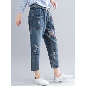 Ripped Embroidered Drawstring Vintage Denim For Women