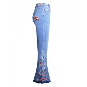 Floral Embroidered High Waist Denim Flared Pants