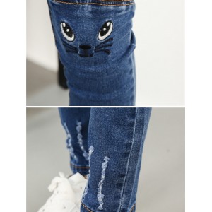 Embroidered Cat Ears Patch Elastic Waist Jeans
