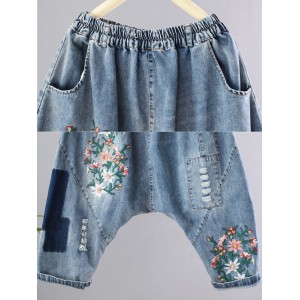 Patchwork Floral Embroidery Vintage Jeans