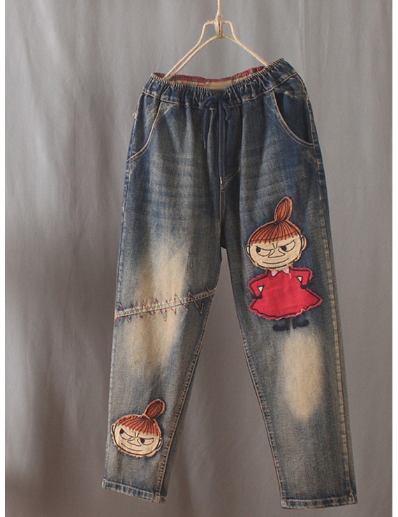 Cartoon Girl Patch Elastic Waist Jeans For Women