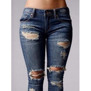 Solid Color Hollow Zipper Fly Casual Ripped Jeans