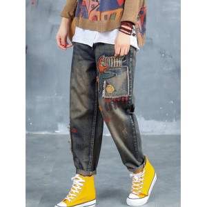 Elastic Waist Embroidered Patch Ripped Jeans For Women