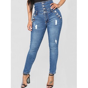 Solid Color High Waist Ripped Jeans For Women