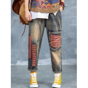 Plaid Patchwork Elastic Waist Ripped Jeans For Women
