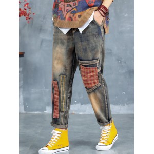 Plaid Patchwork Elastic Waist Ripped Jeans For Women