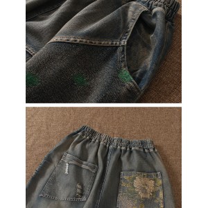 Vintage Tight Waist Printed Patch Hole Jeans