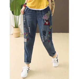 Cartoon Embroidered Drawstring Waist Ripped Jeans For Women