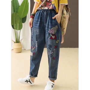 Cartoon Embroidered Drawstring Waist Ripped Jeans For Women