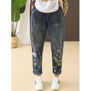 Ripped Drawstring Flower Embroidered Jeans For Women