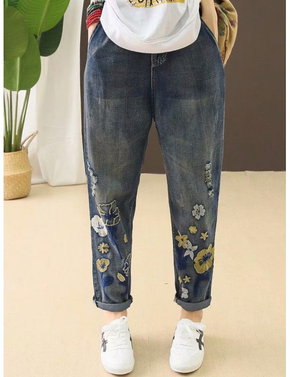 Ripped Drawstring Flower Embroidered Jeans For Women