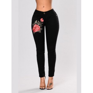 Stretch Flower Embroidered High Waist Jeans