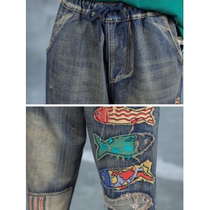 Cartoon Fish Patch Stripe Jeans For Women