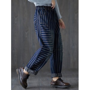 Women Vintage Striped Elastic Waist Loose Harem Jeans With Pockets