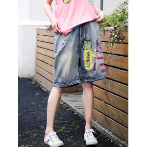 Embroidery Patch Casual Short Jeans For Women