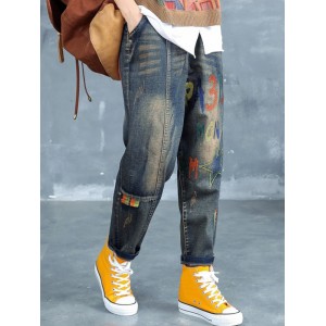 Letters Star Embroidered Patchwork Jeans For Women
