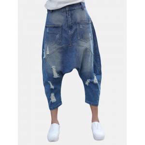 Solid Color Ripped Patchwork Casual Harem Jeans