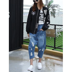 Solid Color Ripped Patchwork Casual Harem Jeans