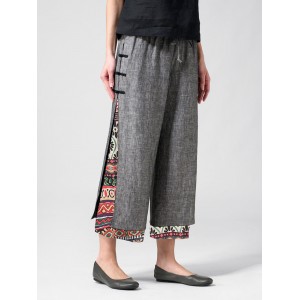 Frog Button Ethnic Print Layered Pants For Women