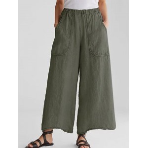 Casual Solid Color Pockets Loose Wide-legged Capris