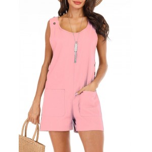 Solid Color Sleeveless Pockets Short Jumpsuit For Women
