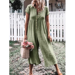 Solid Color Button Casual Wide Legs Short Sleeve Jumpsuit