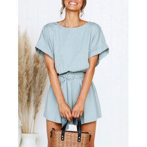 Casual Solid Color Crew Neck Loose Shorts Jumpsuit