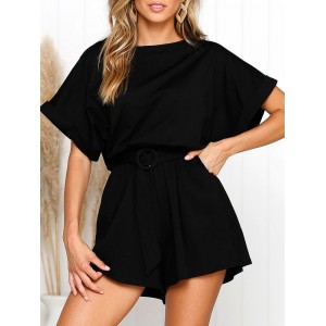 Casual Solid Color Crew Neck Loose Shorts Jumpsuit