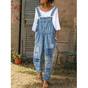 Embroidered Patchwork Straps Ripped Denim Jumpsuit For Women