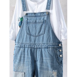 Embroidered Patchwork Straps Ripped Denim Jumpsuit For Women