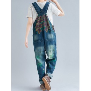 Casual Print Floral Pockets Sleeveless Overall Denim Jumpsuit