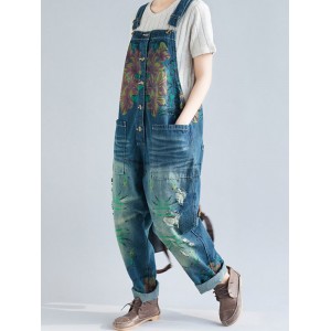 Casual Print Floral Pockets Sleeveless Overall Denim Jumpsuit