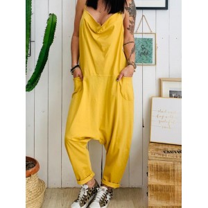 Solid Color Spaghetti Straps Side Pockets Casual Jumpsuit