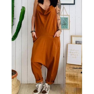Solid Color Spaghetti Straps Side Pockets Casual Jumpsuit