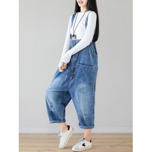 Vintage Solid Color Old Hole Button High Waist Jumpsuits For Women