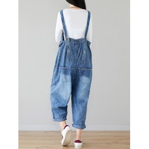 Vintage Solid Color Old Hole Button High Waist Jumpsuits For Women