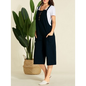 Side Pockets Button Casual Solid Color Jumpsuit