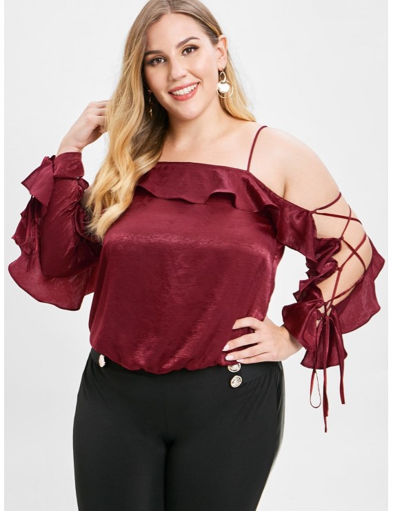  Ruffled Plus Size Lace-up Blouse - Red Wine L