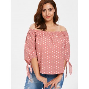  Plus Size Knotted Polka Dot Blouse - Pink 3x