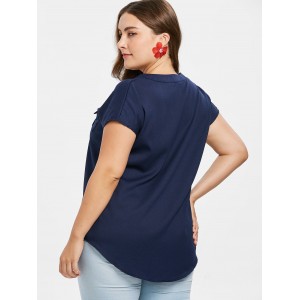 Flap Pockets Buttoned Plus Size Top - Deep Blue 3x