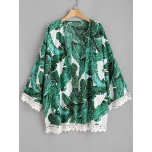 Palm Leaf Crochet Trim Plus Size Kimono - Multi 1x