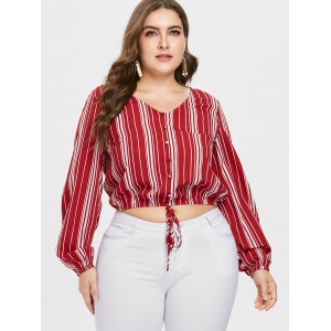  Plus Size Striped Long Sleeve Blouse - Red 1x