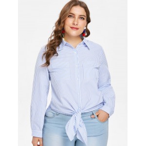 Plus Size Striped Tunic Slit Shirt - Jeans Blue L