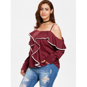 Plus Size Ruffles Cold Shoulder Blouse - Red Wine 4x