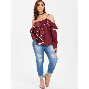 Plus Size Ruffles Cold Shoulder Blouse - Red Wine 4x