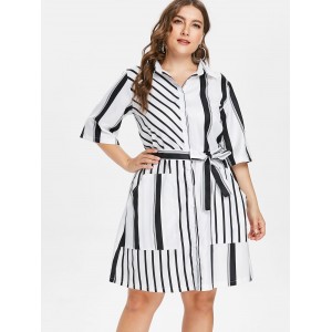 Plus Size Striped Belted Shirt - White 3x