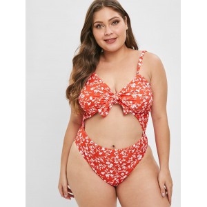  Plus Size Floral Tied Backless Swimsuit - Lava Red L