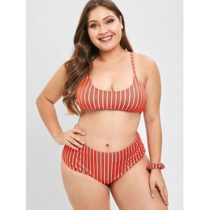  Striped Plus Size Swimwear Set With Hair Band - Red 3x