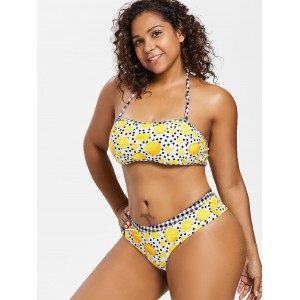 Plus Size Lemon Dots Halter Swimwear - Multi 2x